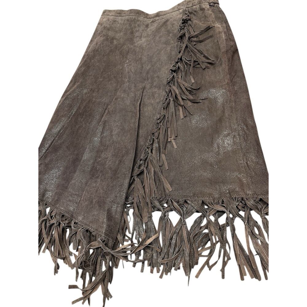 Fringe Trim Brown Suede Midi Skirt